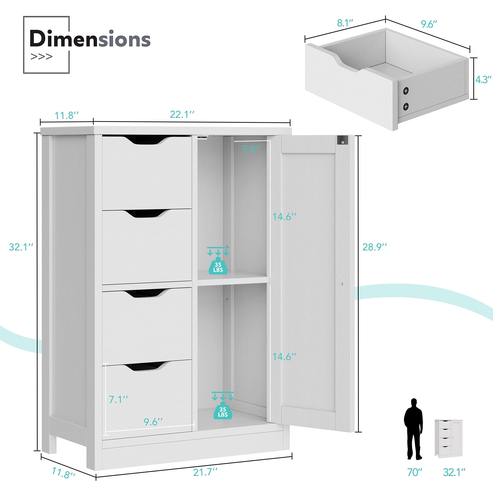 Bathroom Floor Cabinet Storage Organizer Freestanding Wooden Cupboard with Door Drawers Adjustable Shelf for Small Sp... - Image 4