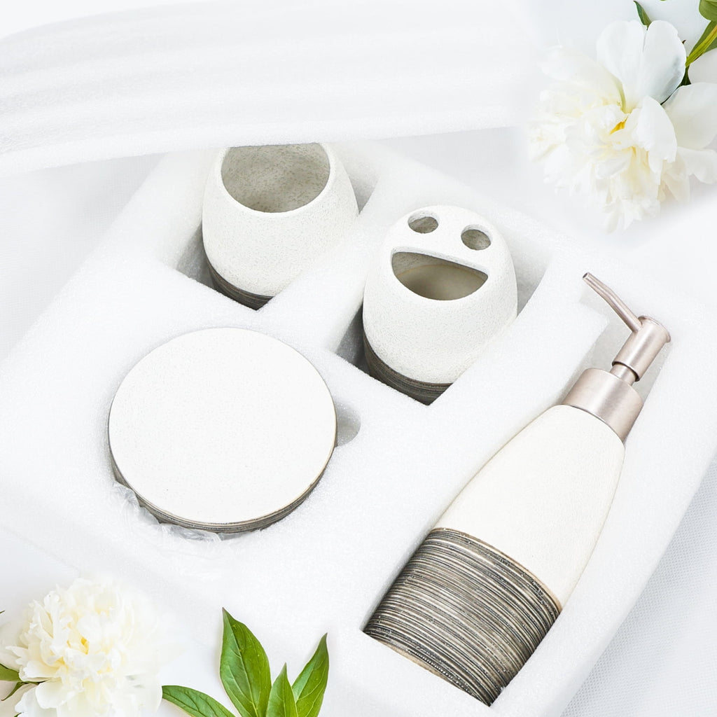 Deluxe Dual Tone White with Clay Bathroom Accessories Set 4 Pcs - Toothbrush Holder, Lotion Soap Dispenser, Bathroom ... - Image 4