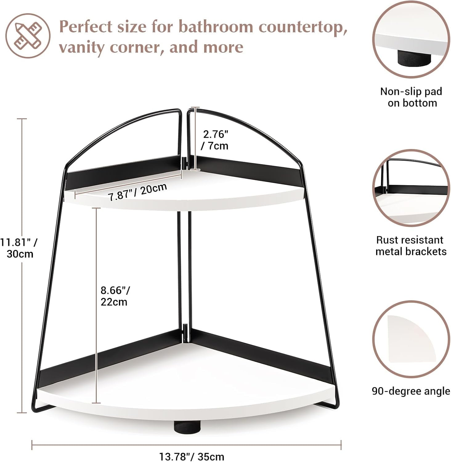 Puricon 2-Tier Wood Countertop Organizer Bathroom Sink Corner Shelf -White - Image 2