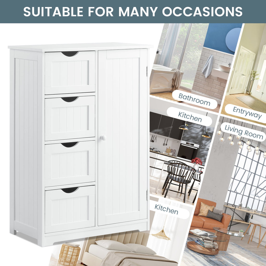 Costway Wooden 4 Drawer Bathroom Cabinet Storage Cupboard 2 Shelves Free Standing White - Image 2