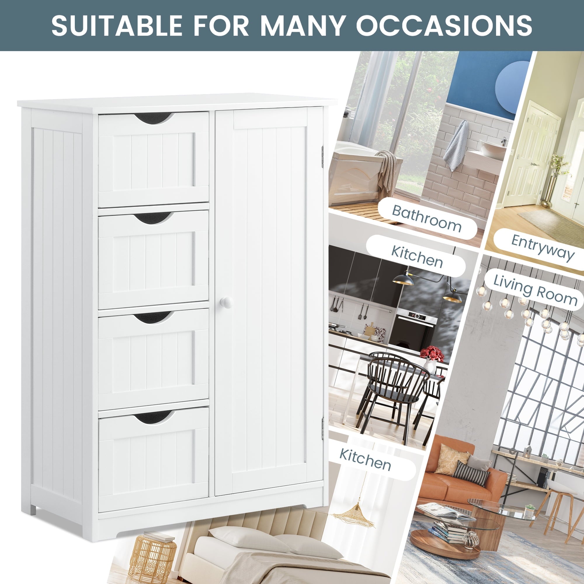 Costway Wooden 4 Drawer Bathroom Cabinet Storage Cupboard 2 Shelves Free Standing White - Image 2