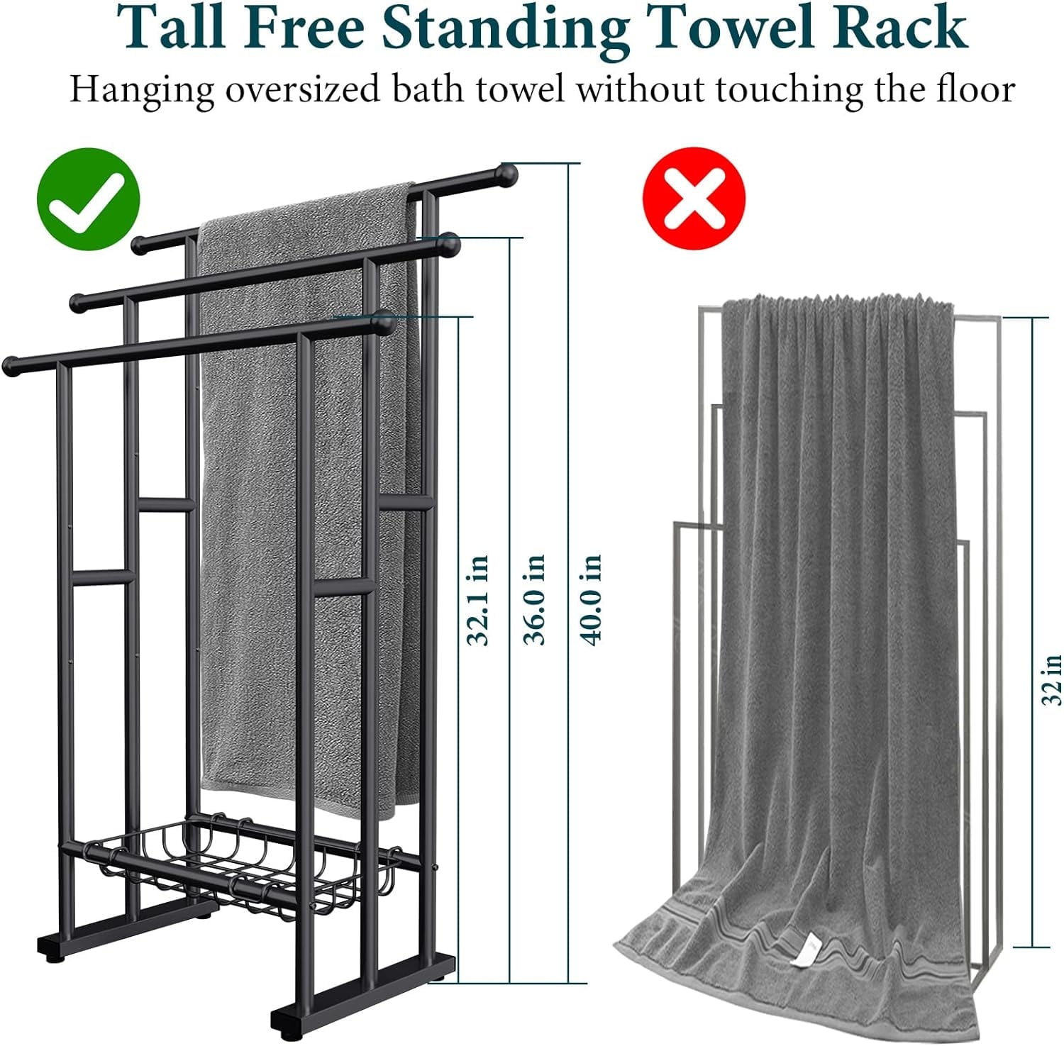 40" H Free Standing Towel Rack, 3 Tier Alloy Steel Towel Rack Stand with Basket - Image 2