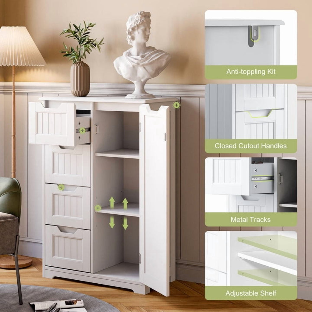 Aiho 33.5 "H Wooden Bathroom Storage Cabinet with 4 Drawers, a Cupboard and Adjustable Dividers for Bathroom,Living room,and Bedroom - White - Image 3
