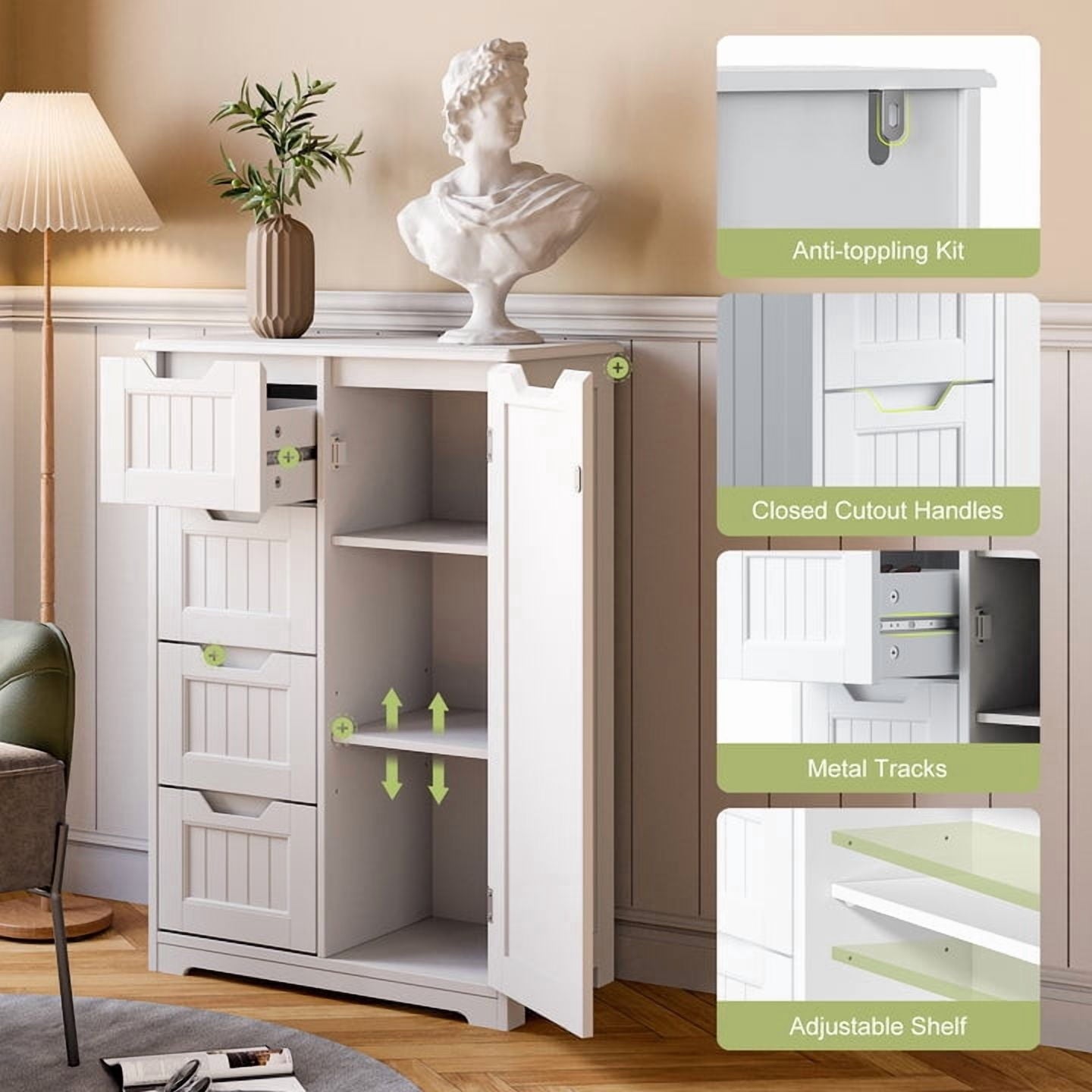 Aiho 33.5 "H Wooden Bathroom Storage Cabinet with 4 Drawers, a Cupboard and Adjustable Dividers for Bathroom,Living room,and Bedroom - White - Image 3