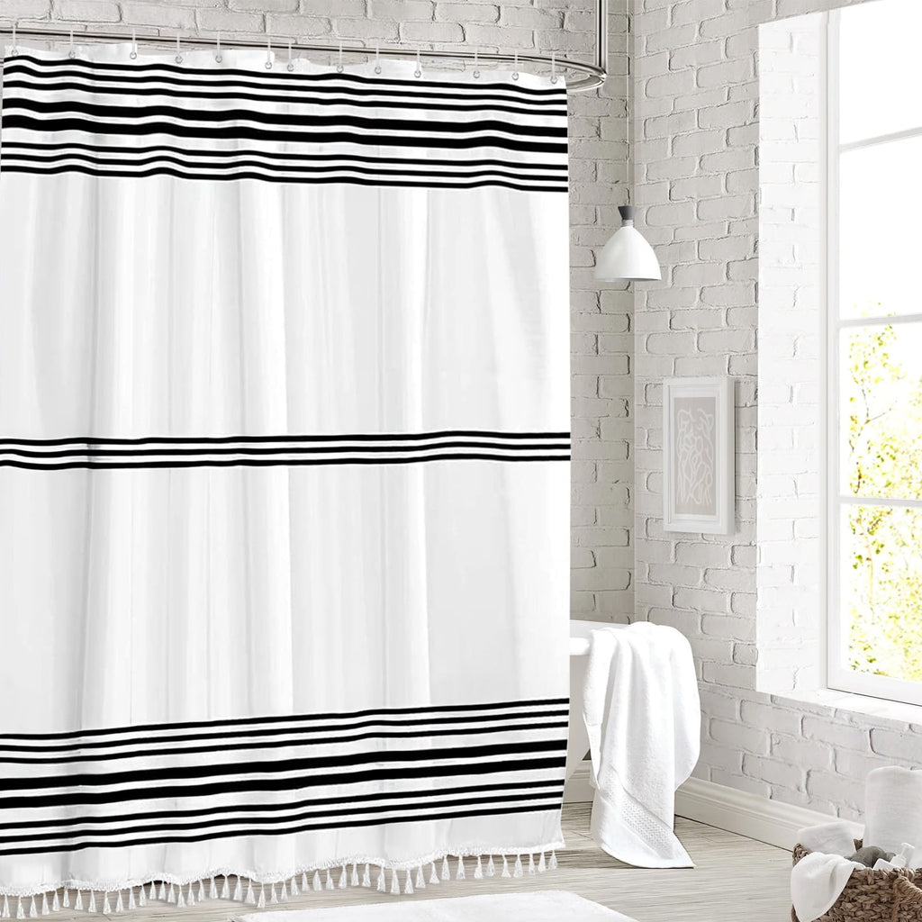 Striped with Tassel Modern Bathroom s, Fabric Black and White Waterproof, 12 pcs Hooks,72x72 inch - Image 2
