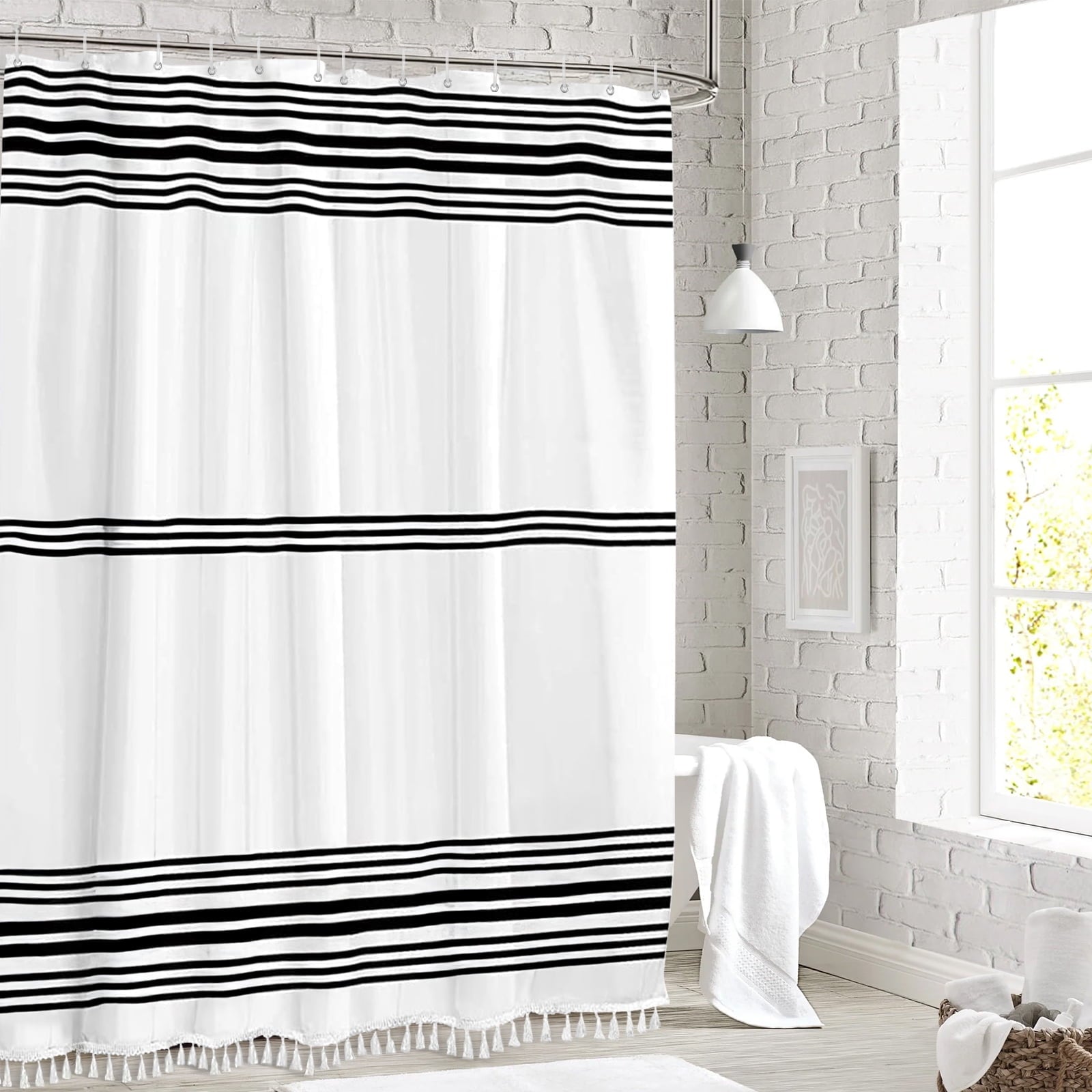Striped with Tassel Modern Bathroom s, Fabric Black and White Waterproof, 12 pcs Hooks,72x72 inch - Image 2