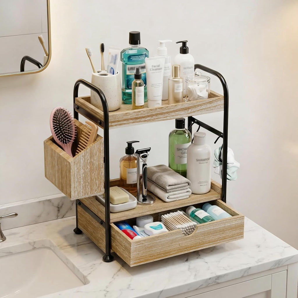 2 Tier Bathroom Counter Organizer with Drawer, Wooden Vanity Skincare Storage Shelf with Thickened Iron Frame, Countertop Shelves with Baske - Image 2