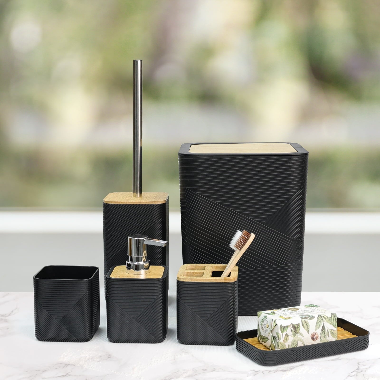 Bathroom Accessories Set 6 Piece Bamboo Bath Ensemble Includes Soap Dispenser, Toothbrush Holder, Toothbrush Cup, Soa... - Image 6