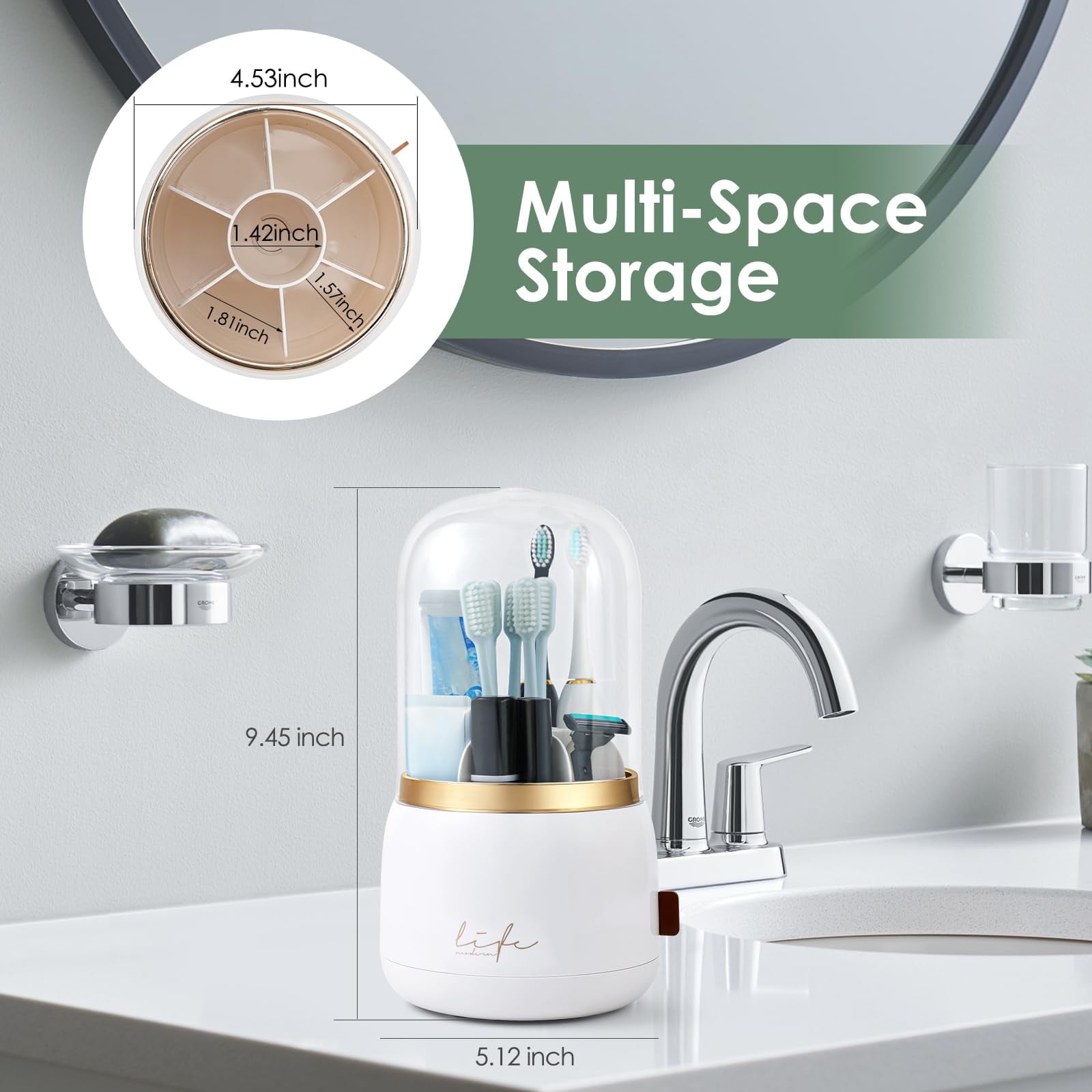 with Cover for Bathrooms 360 Rotating 7-Slot Organizer and Toothpaste Stand, Covered with Drain for Bathroom Countert... - Image 5