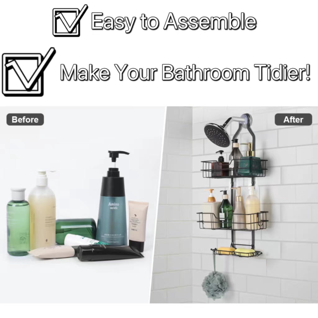 Over Head Shower Organizer, 3 Shelves Hanging Shower Caddy with Hooks, Bathroom Storage Rack for Razor Shampoo and Sponge, Rustproof, No Dri - Image 3
