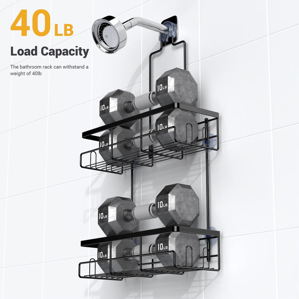 over Head: Stainless Steel Bathroom Organizer for Shampoo with Soap Holder, Hooks, Toothbrush Holder- Black - Image 5