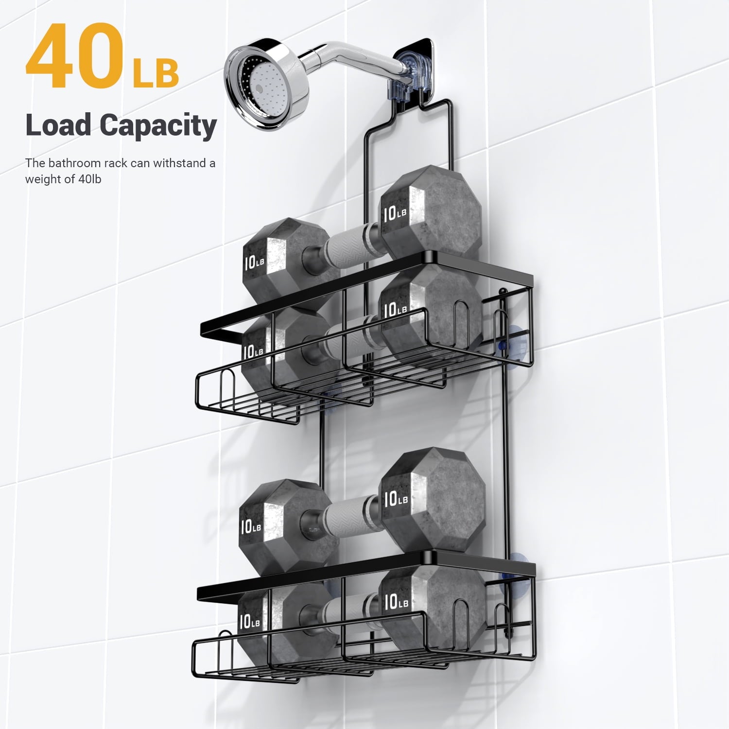 over Head: Stainless Steel Bathroom Organizer for Shampoo with Soap Holder, Hooks, Toothbrush Holder- Black - Image 5
