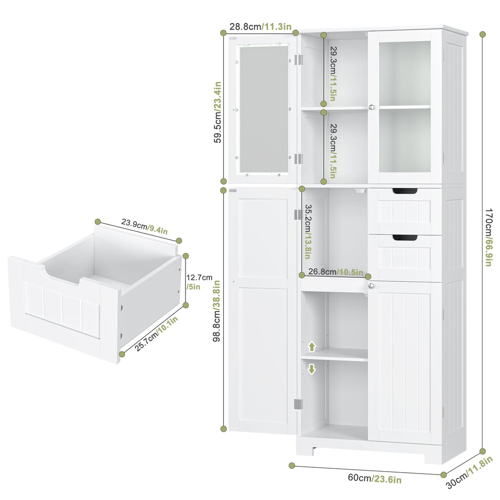 67" Bathroom Cabinet, White Linen Cabinet with Doors and Removable Drawers, Kitchen Cupboard - Image 3