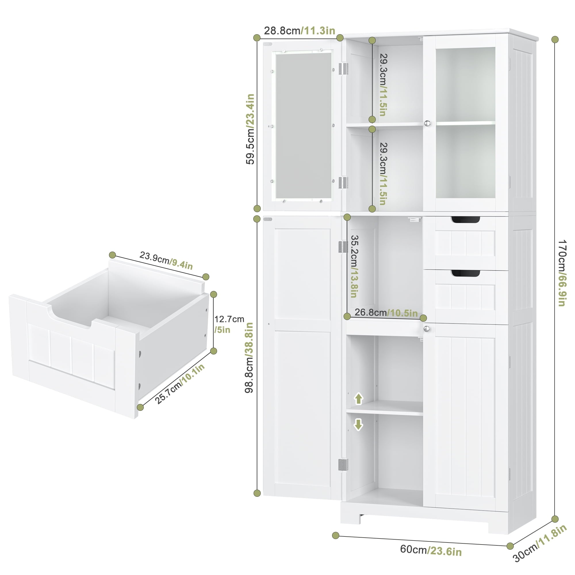 67" Bathroom Cabinet, White Linen Cabinet with Doors and Removable Drawers, Kitchen Cupboard - Image 3