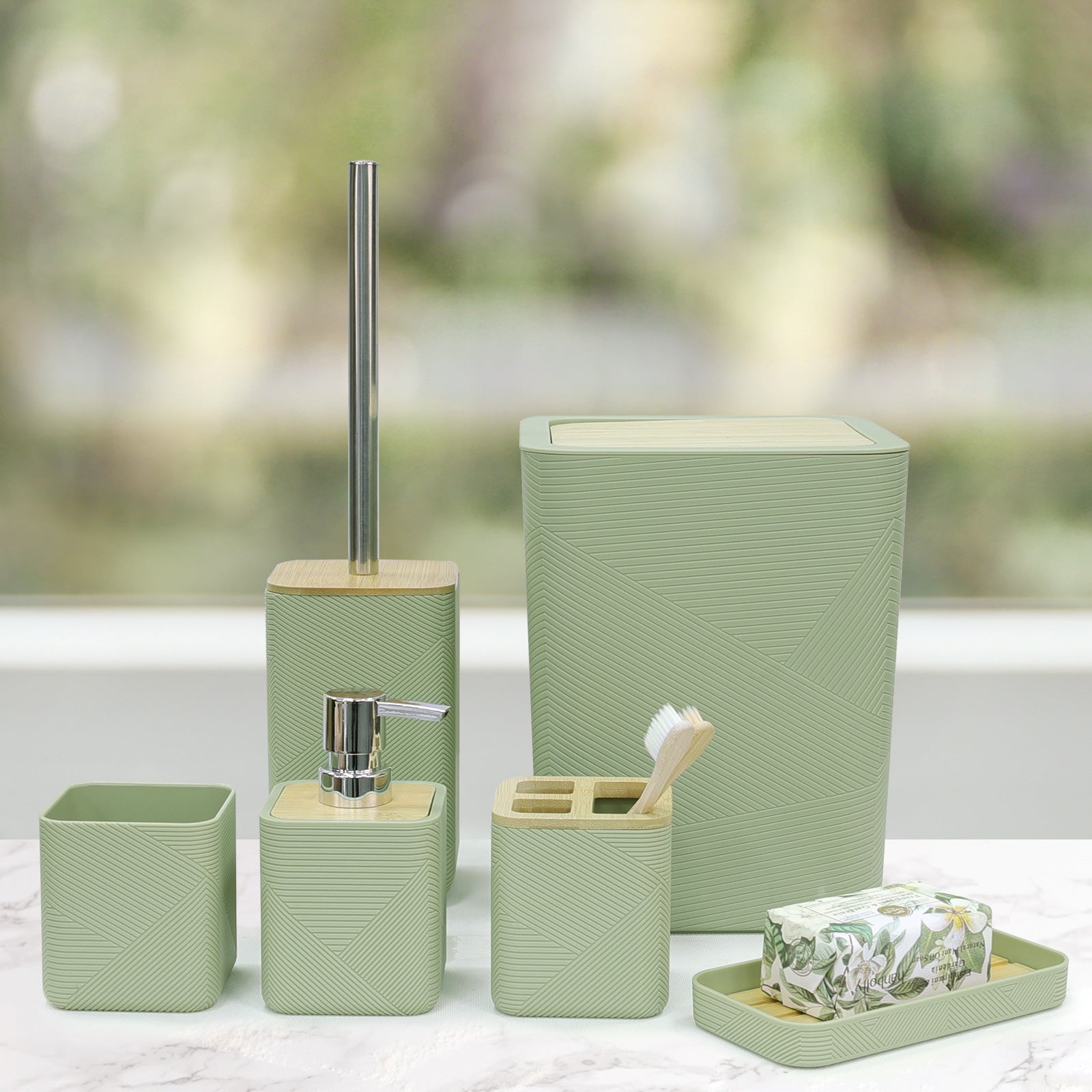Bathroom Accessories Set 6 Piece Bamboo Bath Ensemble Includes Soap Dispenser, Toothbrush Holder, Toothbrush Cup, Soa... - Image 4