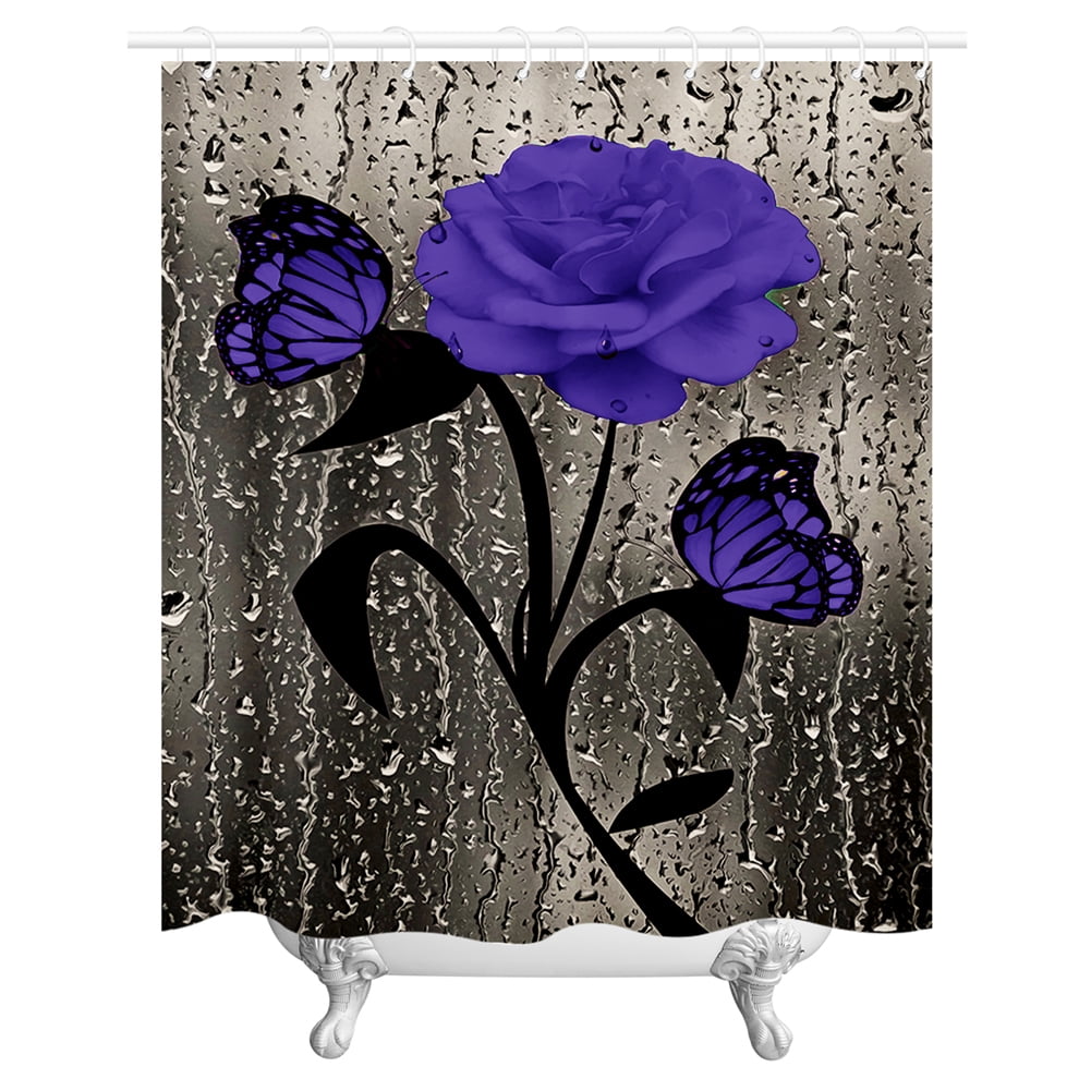4 Pcs Bathroom Shower Curtain Set Blue Rose Shower Curtain Bathroom Sets Valentine's Day Shower Curtain Sets with Rugs(Bath Mat,U Shape and - Image 4