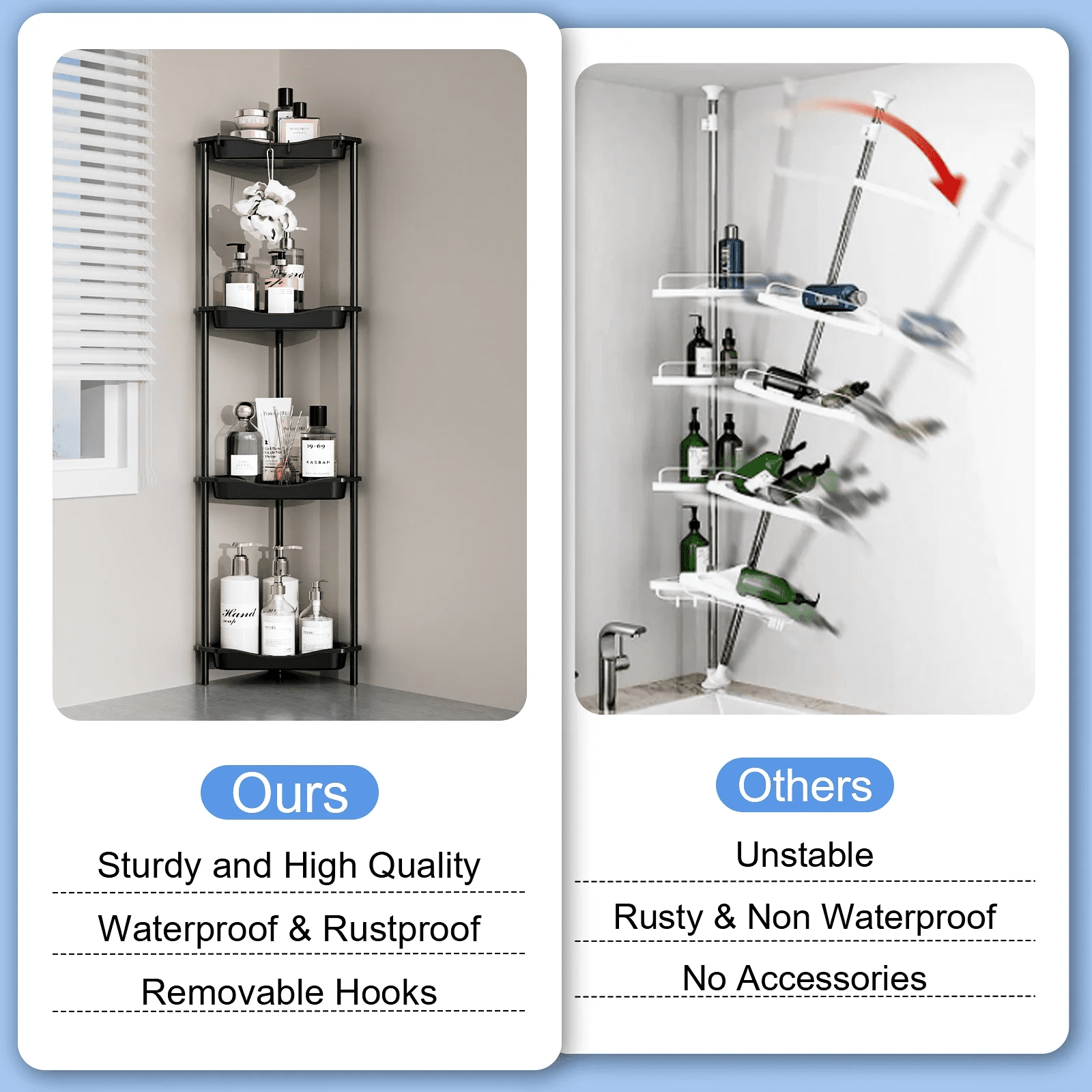 4 Floor Standing Corner Shower Caddy Organizer: Reinforced Plastic Shower Shelves with Extra-Tall Storage for Large S... - Image 3
