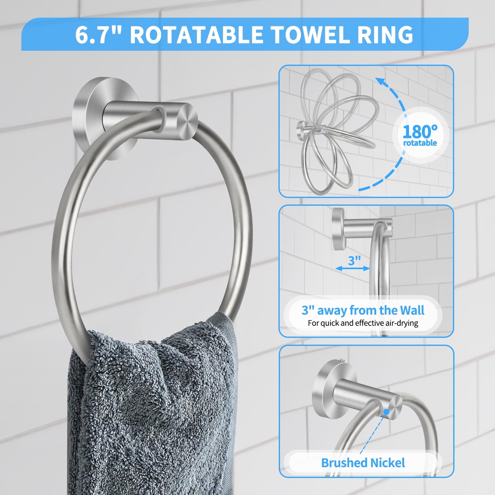 7 Pcs Hardware Set for Bathroom, Stainless Steel Accessories, Includes 24" Towel Bar, Toilet Paper Holder, Towel Ring... - Image 3