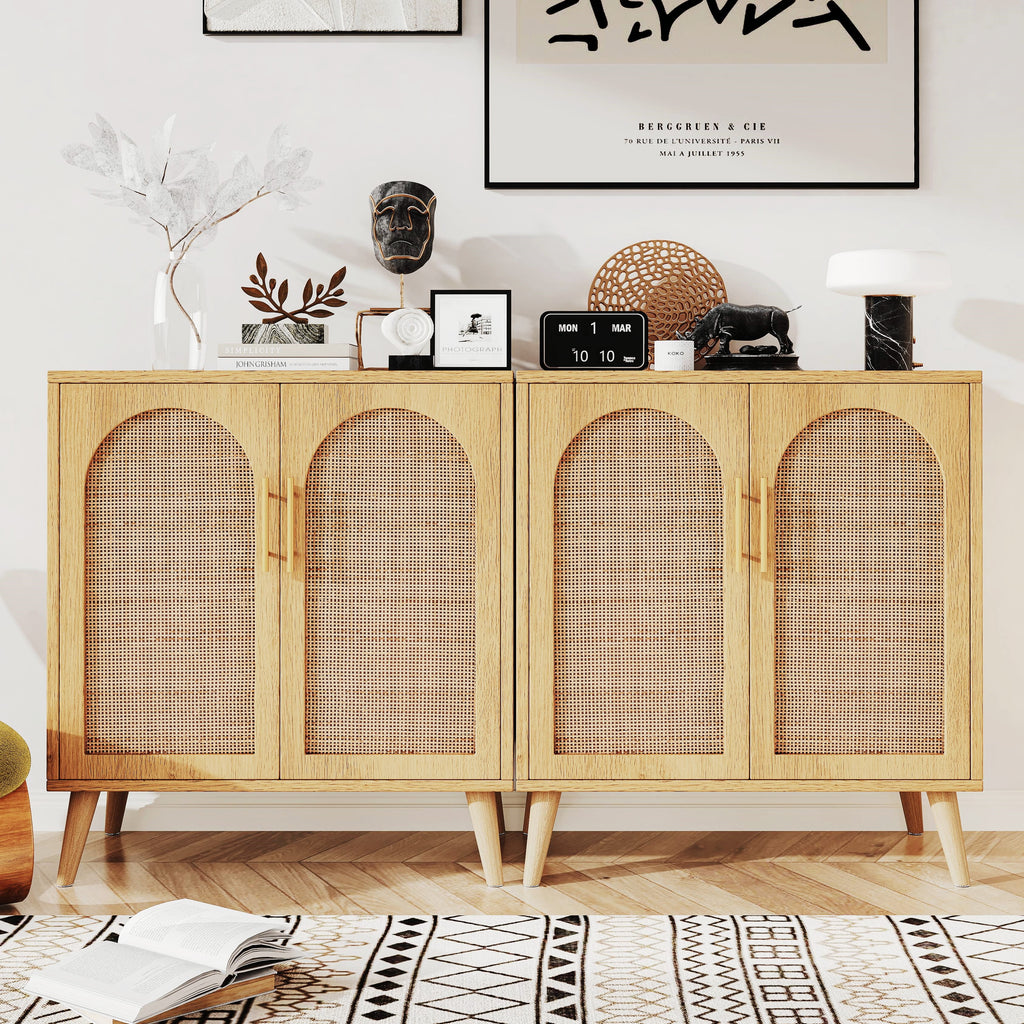 Set of 2 Rattan Storage Cabinet with Doors, Accent Bathroom Floor Cabinet, Modern Sideboard Buffet Cabinet for Living... - Image 4