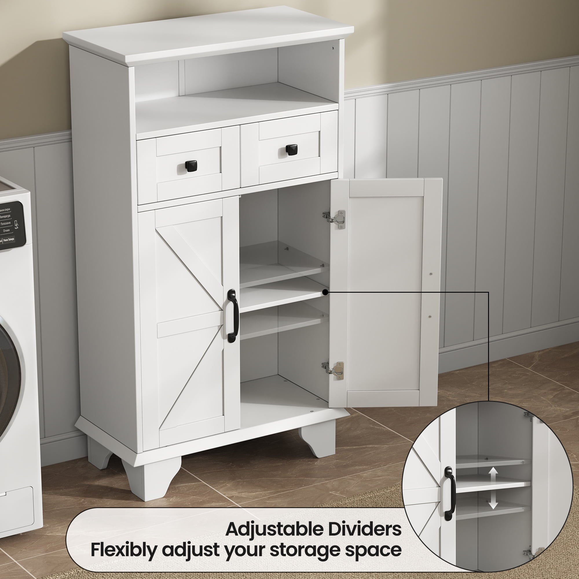 Bathroom Storage Cabinet with Doors and Drawers,Farmhouse White Bathroom Floor Cabinet freestanding with Adjustable S... - Image 5