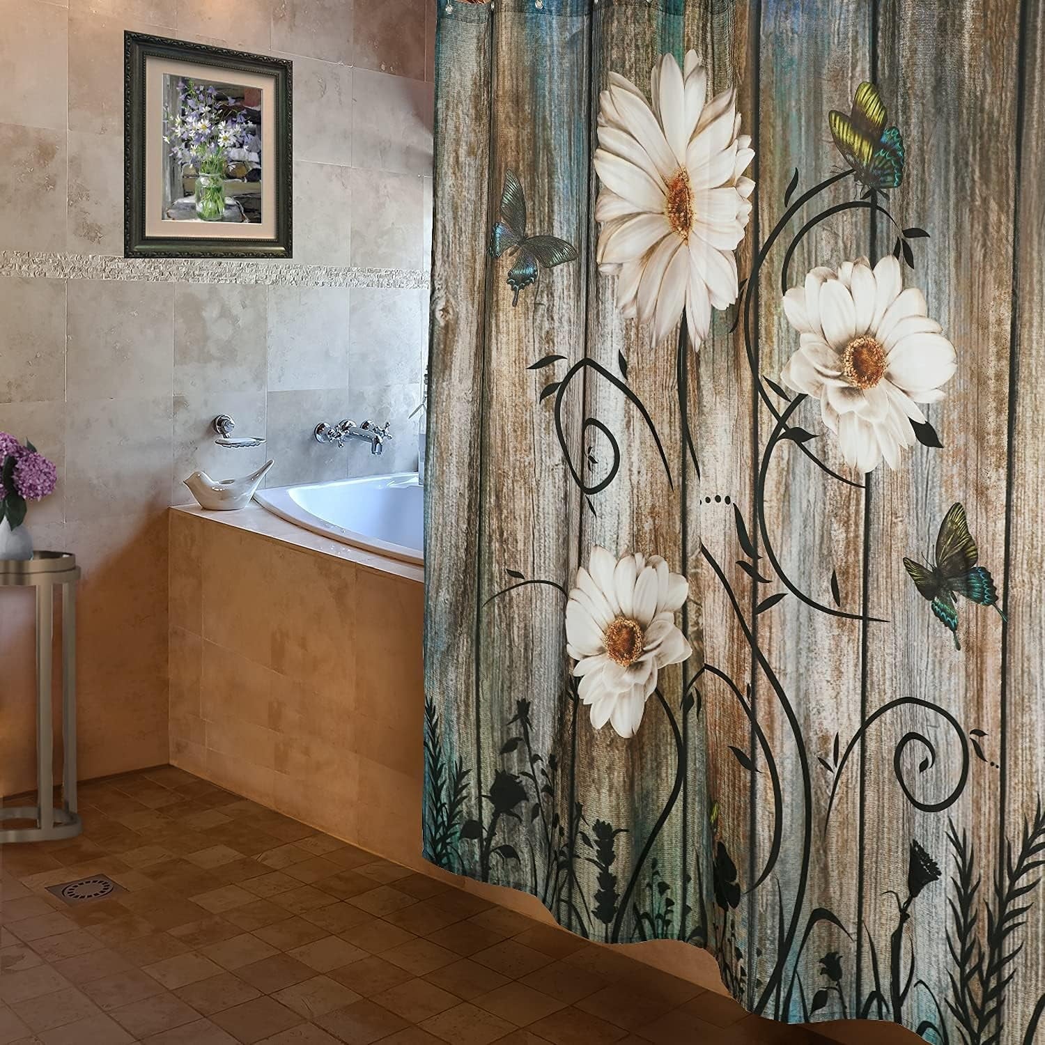 Curtain Set Grey Floral Fabric Bath Curtain 12 Hooks Butterfly Daisy American Country Farm Style 72×72 Inches - Image 2