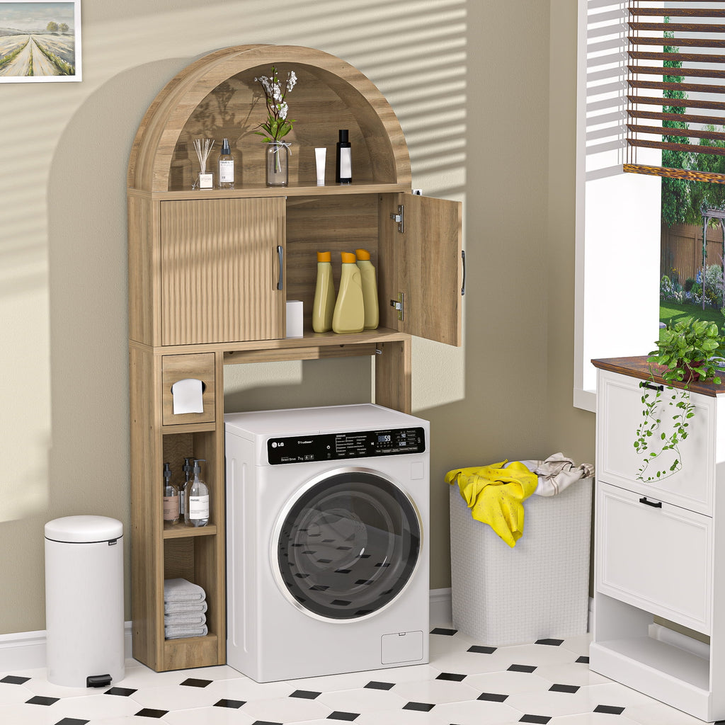 HARIPUL Over The Toilet Storage Cabinet w/ Unique Wood Grain & Arc Design, Freestanding Bathroom Shelf Organizer Space Saver w/ Doors & Anti - Image 6