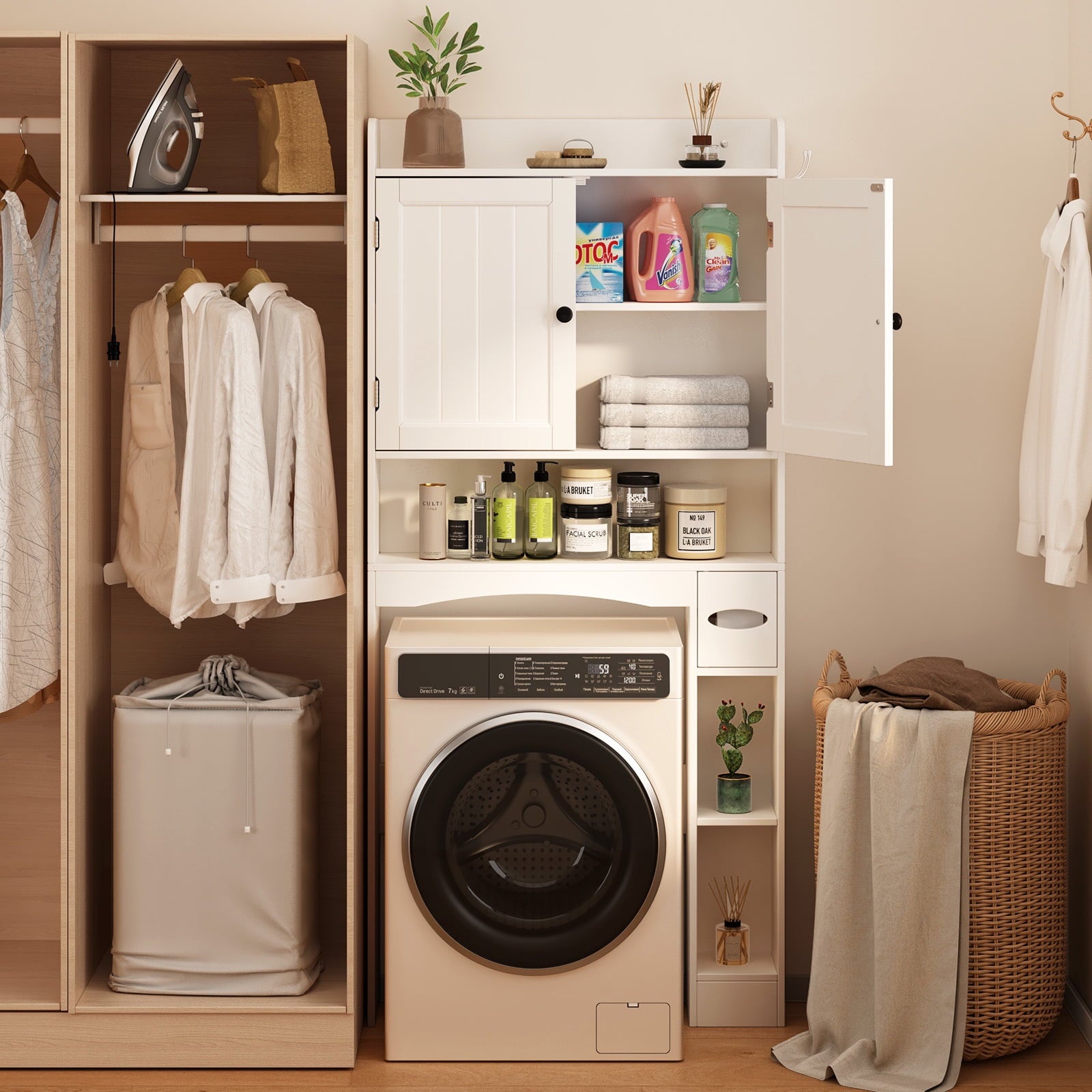 Noelse  Over the Toilet Storage Cabinet, Over Toilet Bathroom Organizer with 2 Doors, Adjustable Shelves, Toilet Paper Holder, 2 Side Hooks, - Image 5