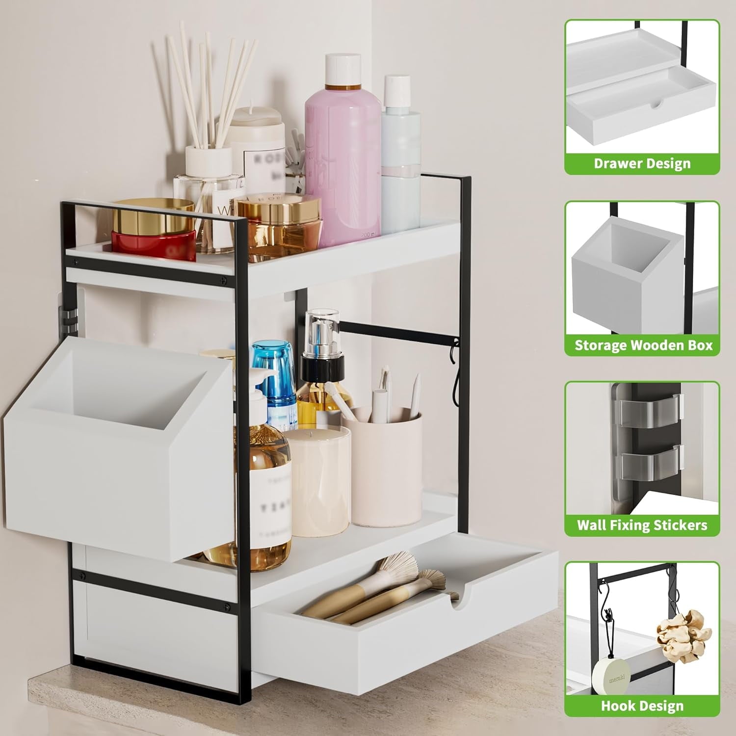 Gijjgole 2-Tier Bathroom Counter Organizer with Drawer and Basket, Wood Countertop Organizer for Storage, Skincare Organizers for Vanity, Co - Image 6