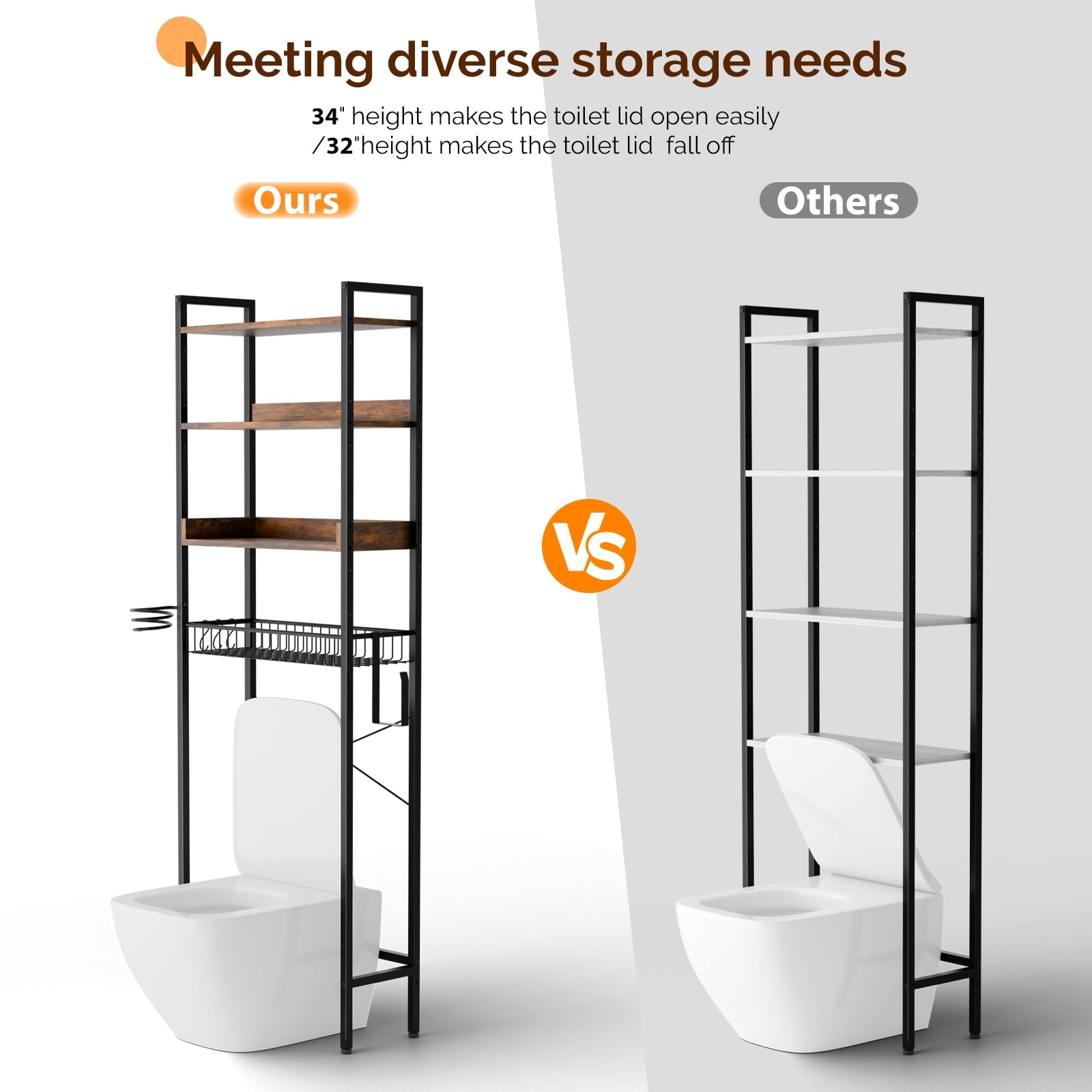 3-Shelf The Toilet Bathroom Storage Rack and Shelf with with Wire Baskets, Tissue Hook and Hairdryer Holder, Rotten -... - Image 6