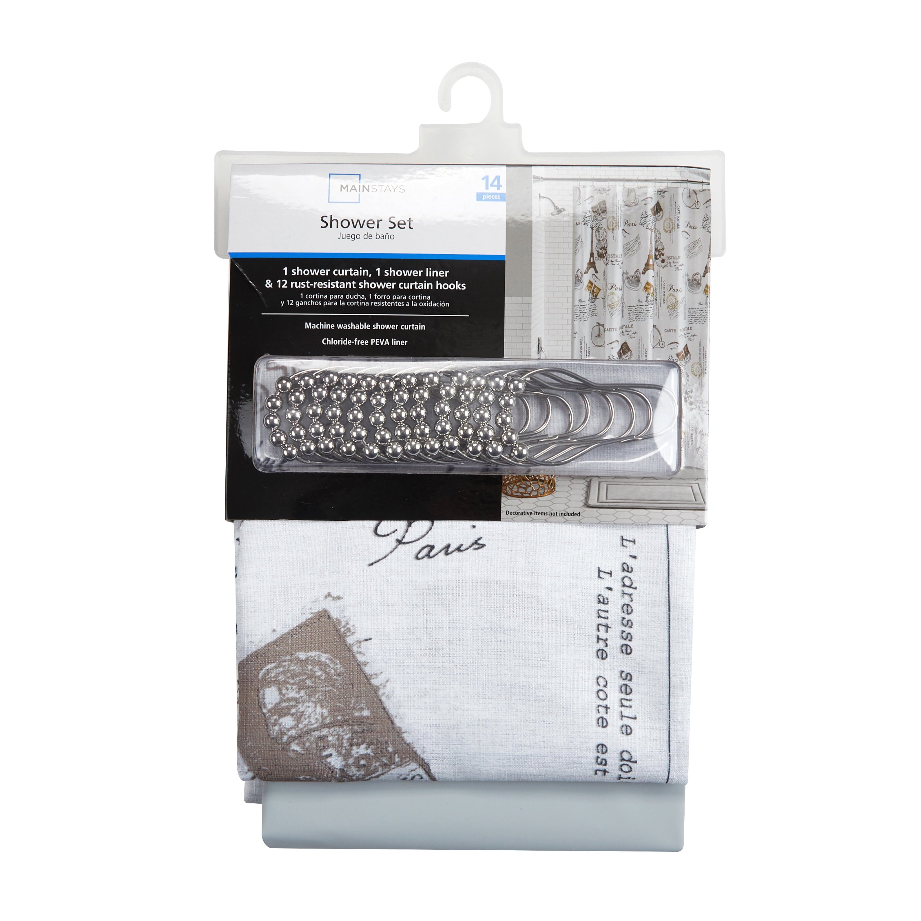 Mainstays Paris Eiffel Tower Geometric Shower Curtain Set with Hooks & Liner 14-Piece Contemporary Gray Bathroom Decor, 70" x 72", Machine W - Image 3