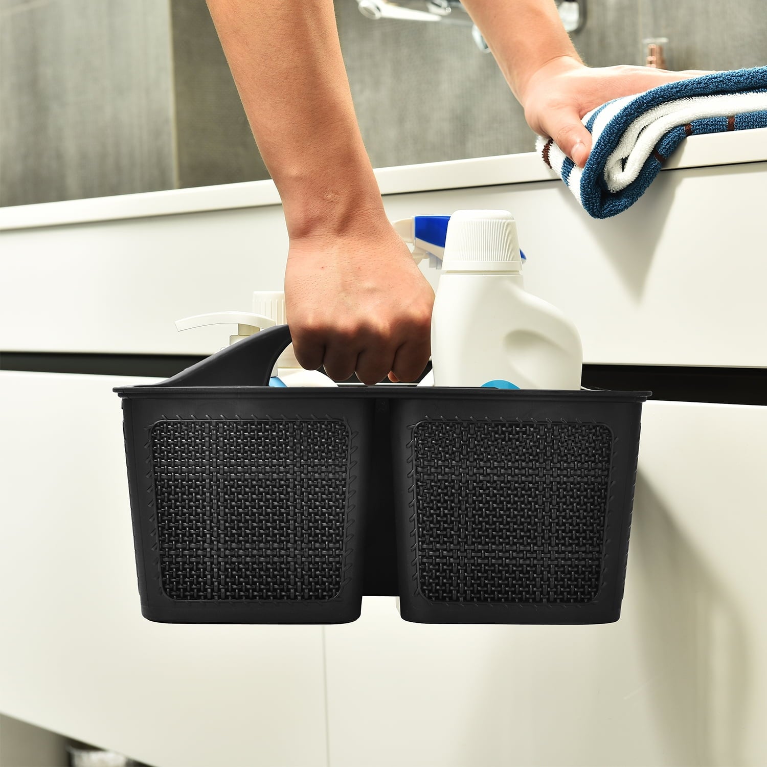 Plastic Black Shower Caddy Basket, Divided Cleaning Portable Shower Basket with Handle Compartments Storage Organizer... - Image 2