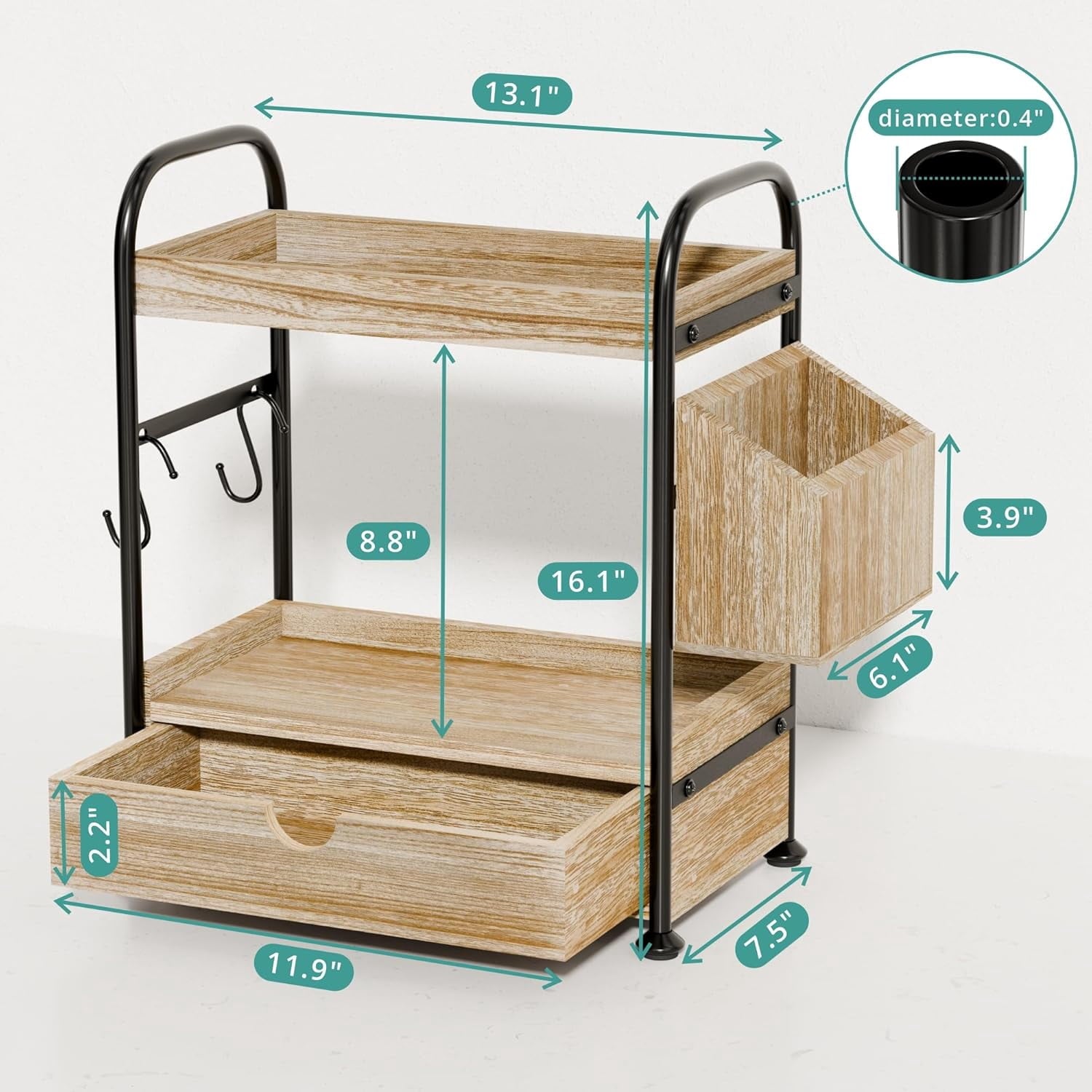 2 Tier Bathroom Counter Organizer with Drawer, Wooden Vanity Skincare Storage Shelf with Thickened Iron Frame, Countertop Shelves with Baske - Image 6