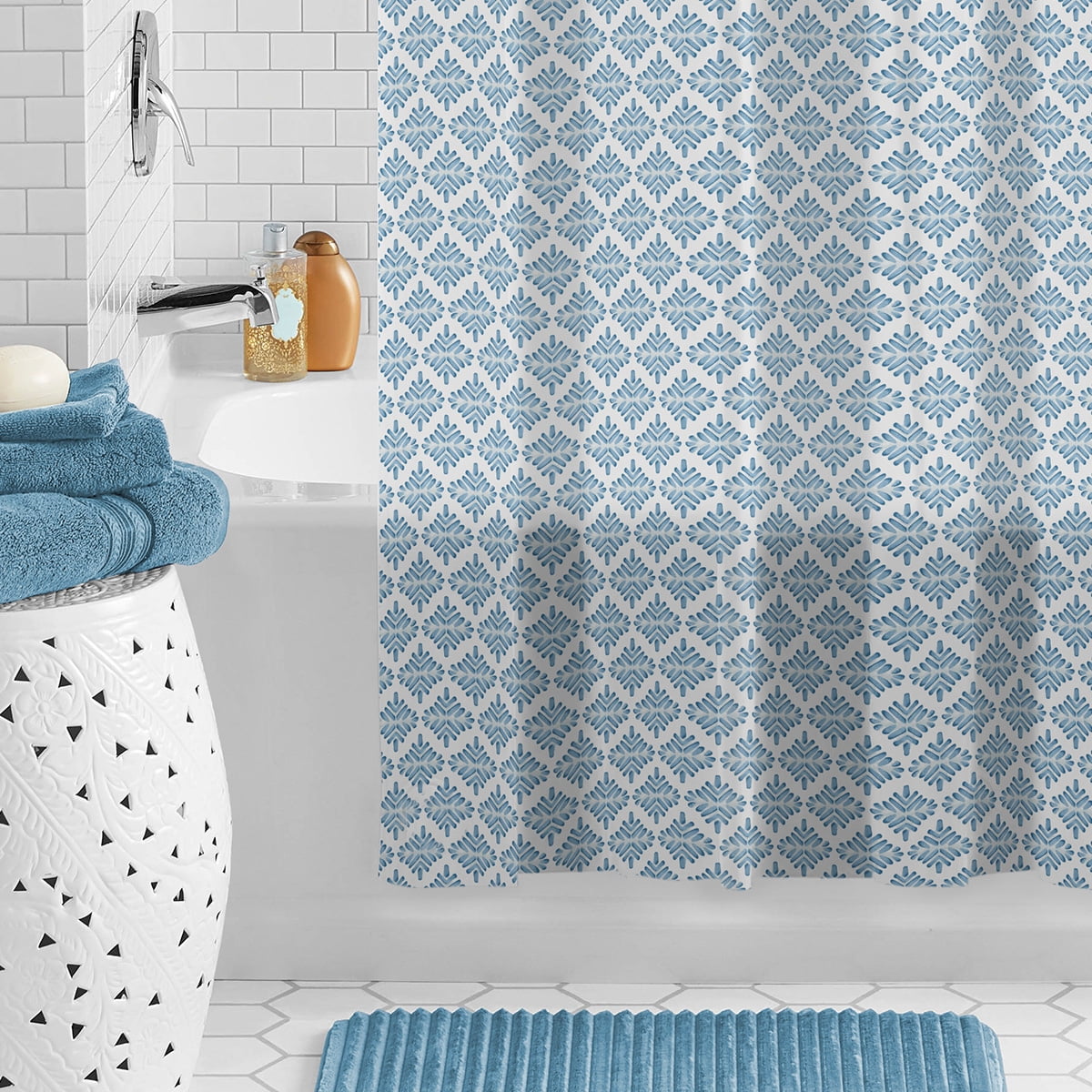 Mainstays Waterproof Medallion Blue 30% Recycled PEVA Shower Curtain Set with Hooks, 13-Piece, Blue - Image 6