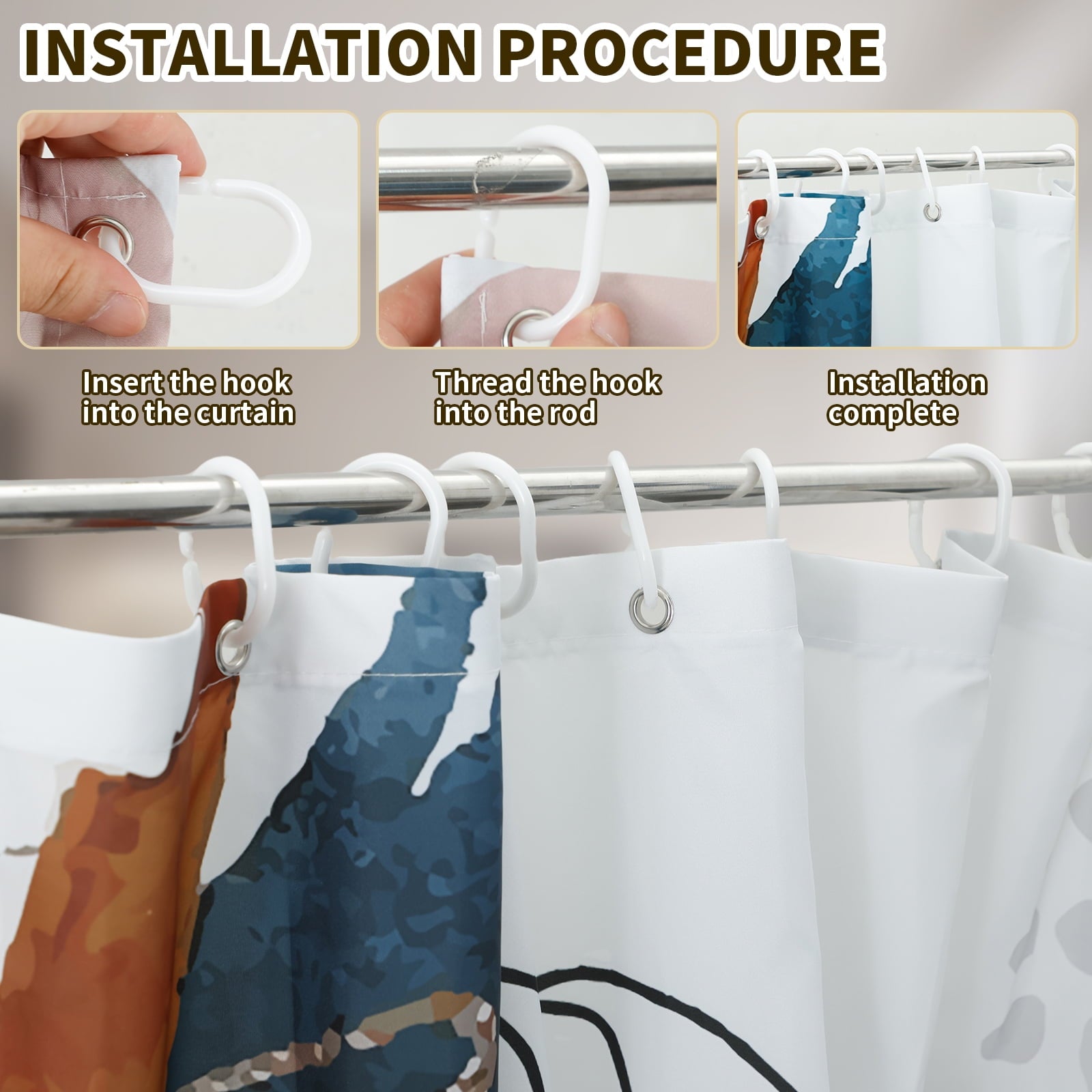 Fabric Shower Curtain and Rug Sets, 16pc Modern Bathroom Sets, Navy, 72" x 72" - Image 3