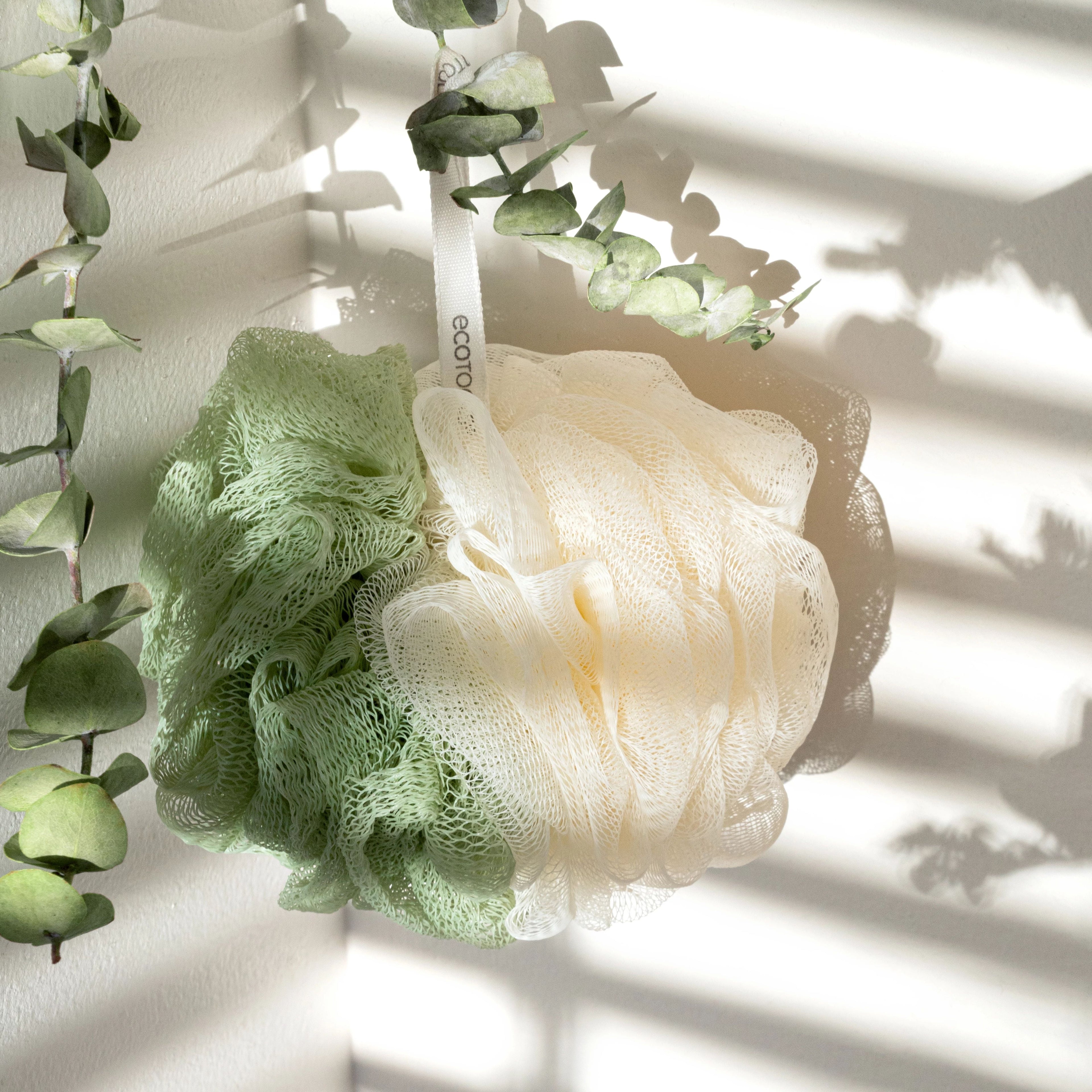 2-in-1 Pouf for Whole-Body Cleansing, Green & Cream Loofah, for Adults 1 Count - Image 4