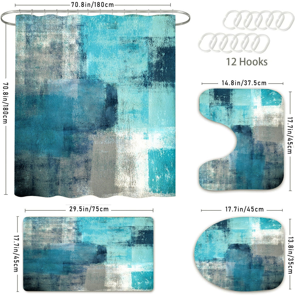 Bathroom Sets Teal Shower Curtains with 12 Hooks Large Bath Mat, Toilet Lid Cover and U-Shape Rugs for Home Hotel Decor - Image 6