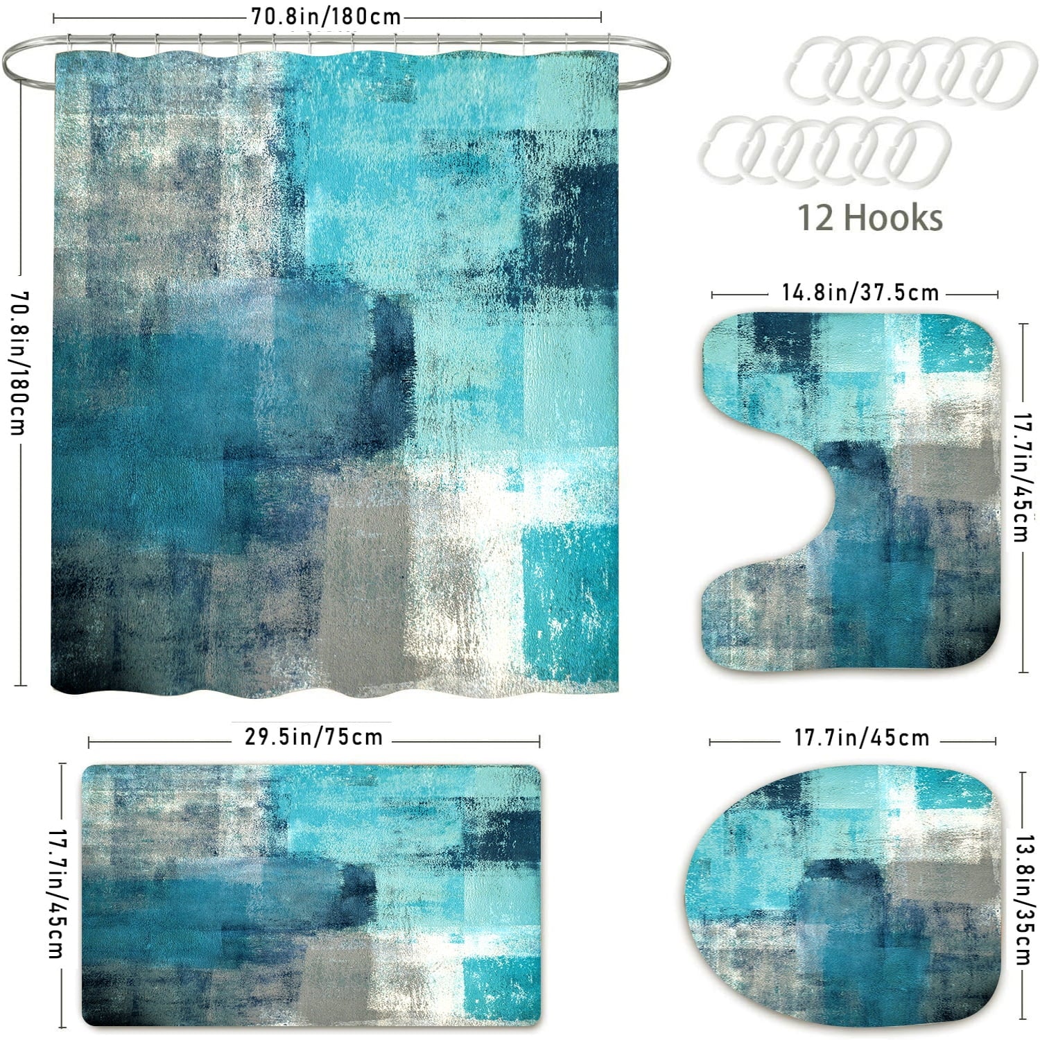 Bathroom Sets Teal Shower Curtains with 12 Hooks Large Bath Mat, Toilet Lid Cover and U-Shape Rugs for Home Hotel Decor - Image 6