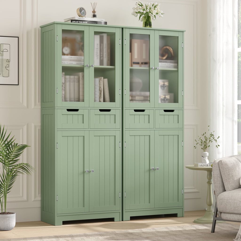 Homfa Bathroom Cabinet, 3-Tier Wood Tall Linen Storage Cabinet with 2 Drawers and 4 Doors for Living Room Office, Green - Image 3