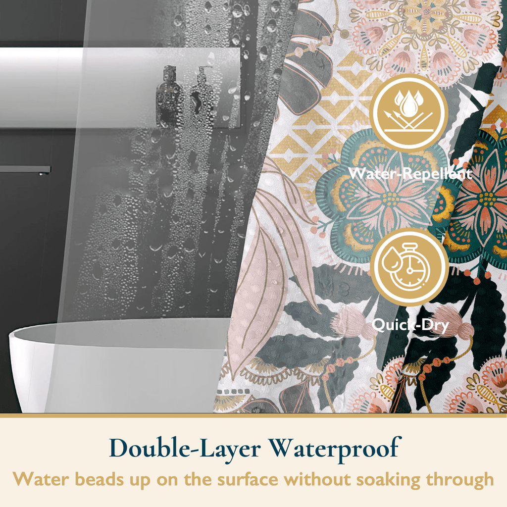 14-Piece Botanical Shower Curtain and Liner Set with 12 Hooks – Water-Repellent, Mold-Resistant, Heavy-Duty Fabric, W... - Image 3