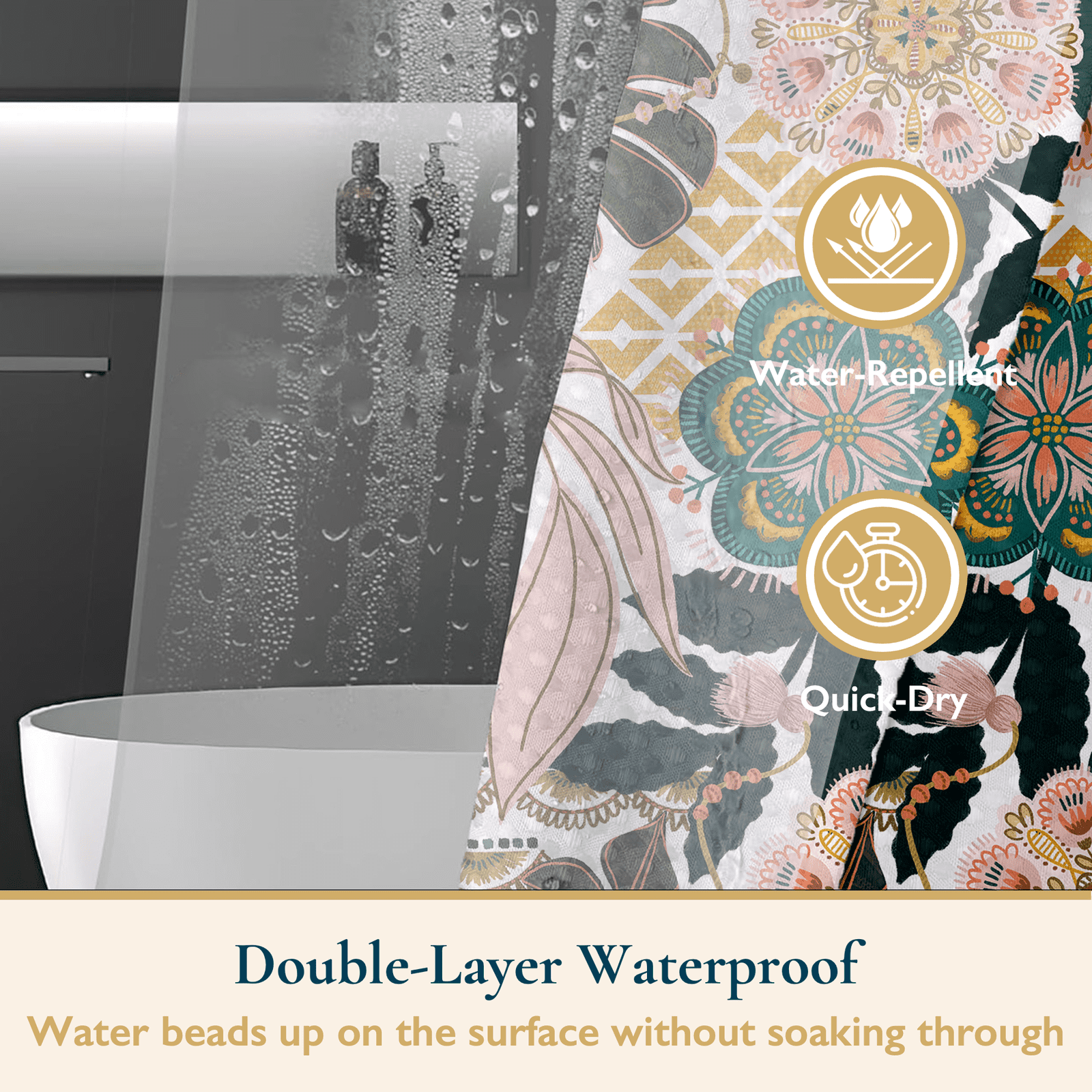 14-Piece Botanical Shower Curtain and Liner Set with 12 Hooks – Water-Repellent, Mold-Resistant, Heavy-Duty Fabric, W... - Image 3