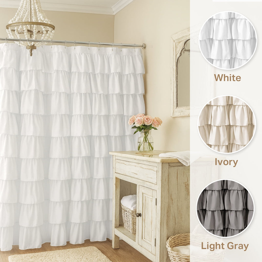 Seasonwood White Ruffle Shower Curtain,Farmhouse Fabric Bathroom Curtain,72" x 72" - Image 3