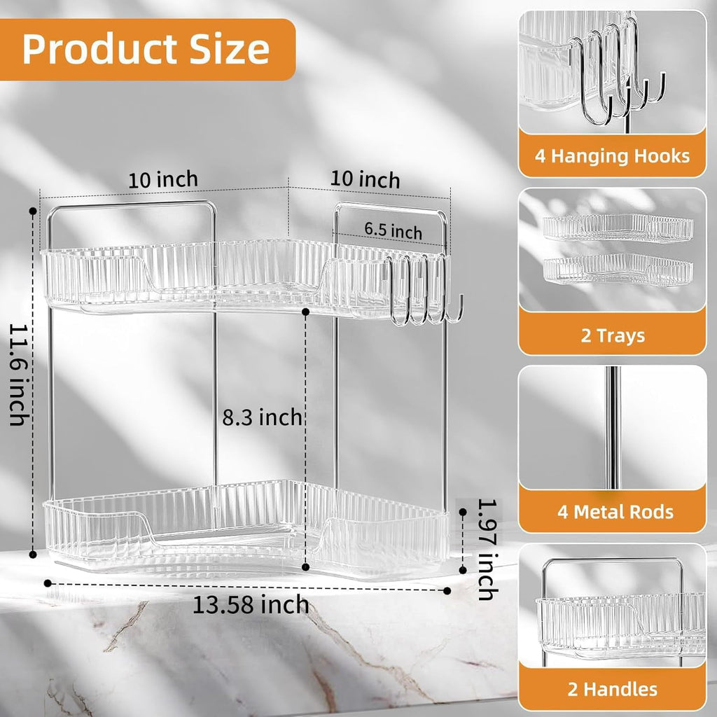 2 Bathroom Counter Organizer Countertop,Plastic Bathroom Counter Organizer, Vanity Tray Sink Shelf with Hooks, for Ma... - Image 2