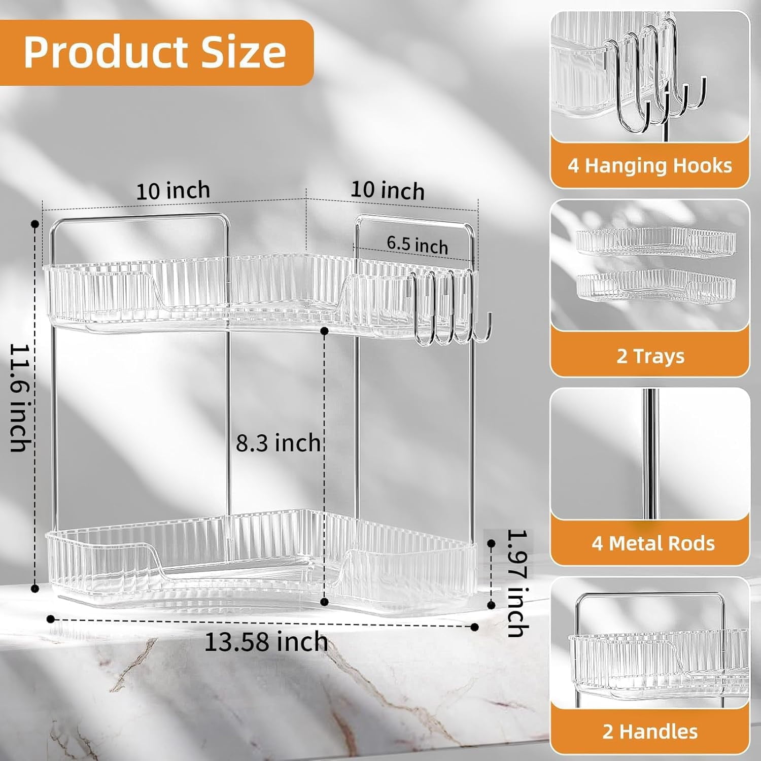 2 Bathroom Counter Organizer Countertop,Plastic Bathroom Counter Organizer, Vanity Tray Sink Shelf with Hooks, for Ma... - Image 2