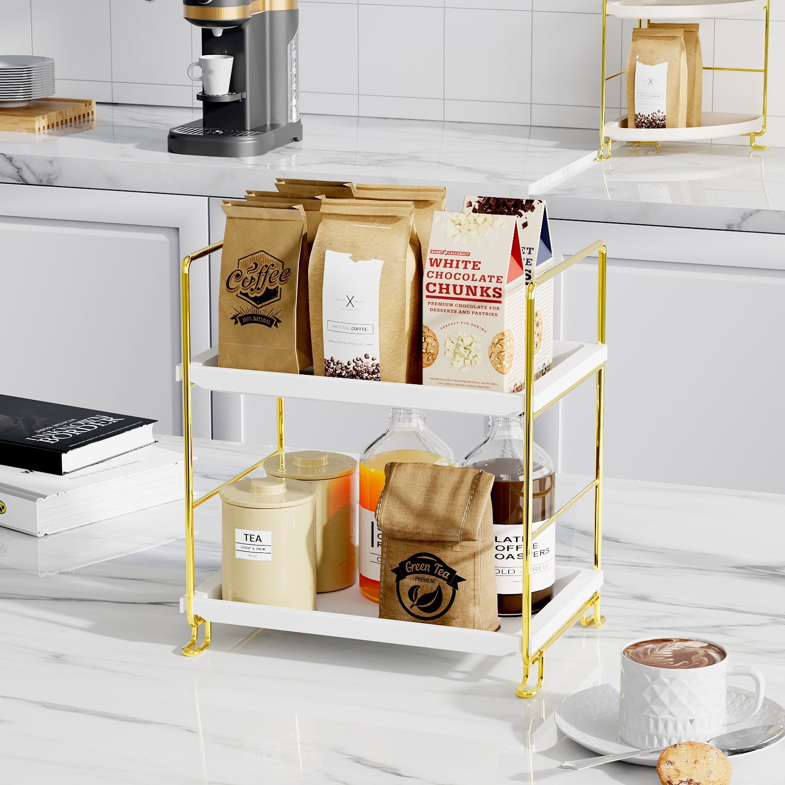 2-Tier Bathroom Countertop Organizer, Kitchen Spice Rack or Makeup Skin Organizer Vanity Bedroom Storage Tray (Gold) - Image 6