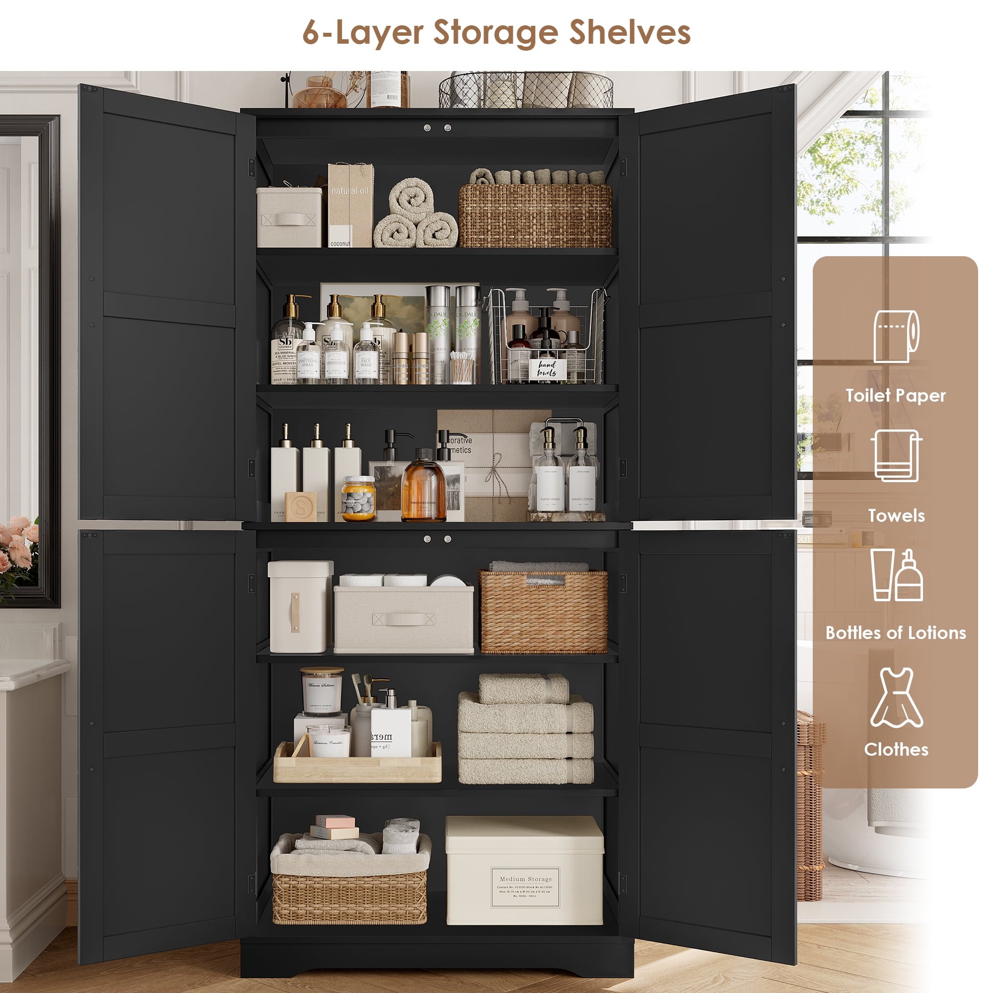 71'' Bathroom Cabinet with 6 Storage Shelves, Freestanding Wooden Linen Cabinet for Living Room, Black - Image 4