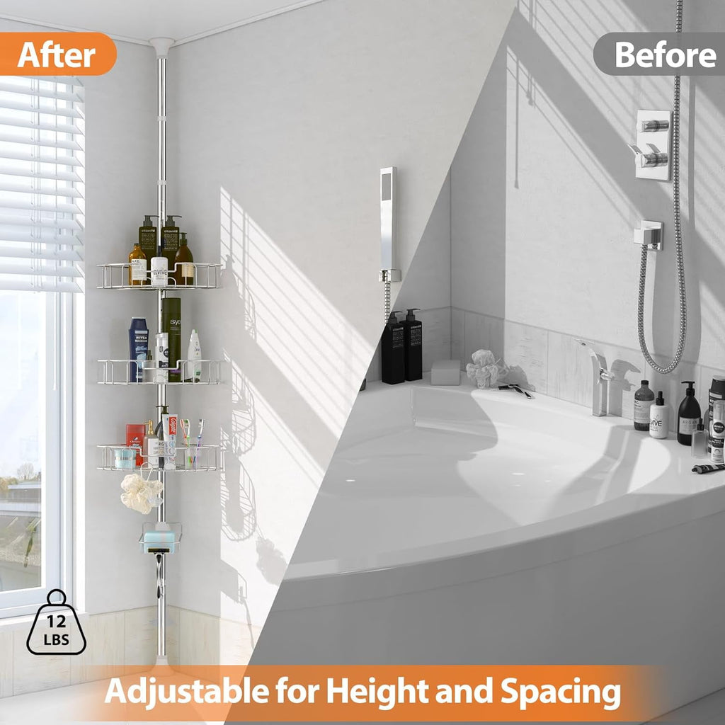 4-Shelf Stainless Steel Plastic Tension Pole Bathroom Corner Shower Caddy, Silver - Image 2