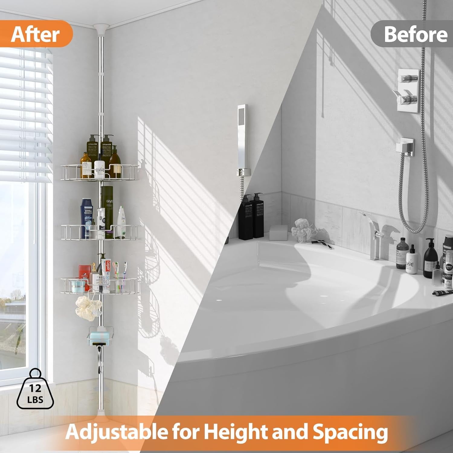 4-Shelf Stainless Steel Plastic Tension Pole Bathroom Corner Shower Caddy, Silver - Image 2