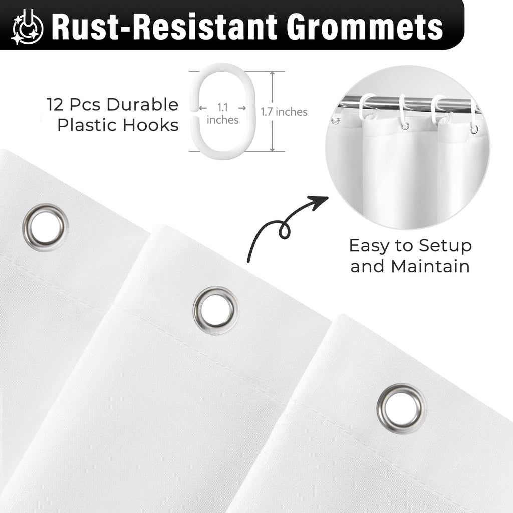 Shower Curtain with Buttons and 12 Hooks for Bathroom, White, 72" x 72" - Image 2
