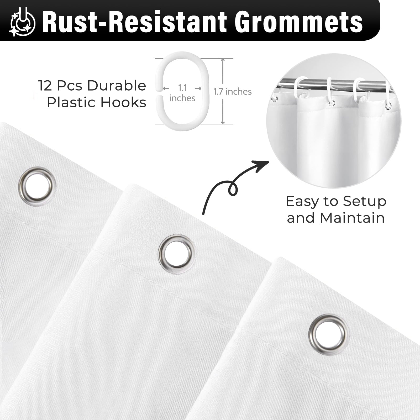 Shower Curtain with Buttons and 12 Hooks for Bathroom, White, 72" x 72" - Image 2