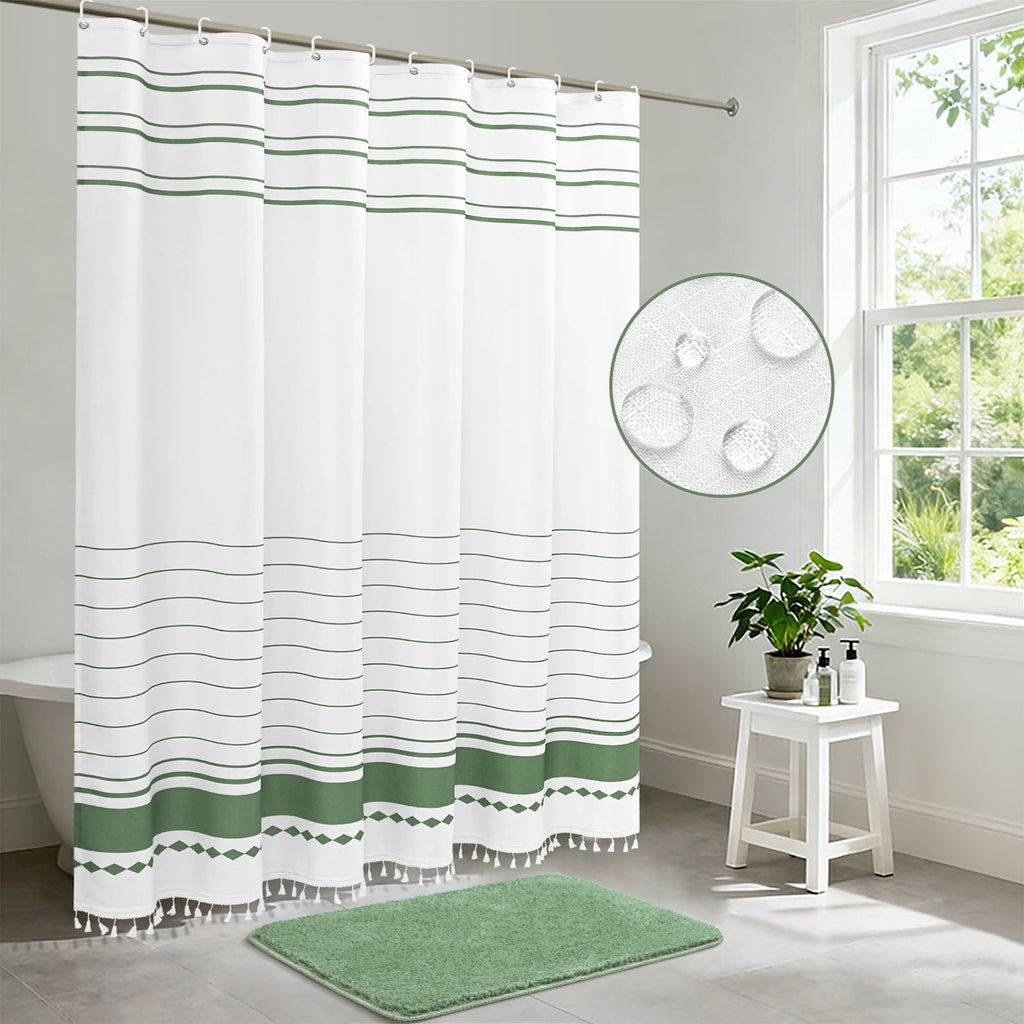 Shower Curtain Sets with Bath Rug, Boho Farmhouse Water-Repellent Fabric Bathroom Sets with Hooks, Slub Textured Desi... - Image 2